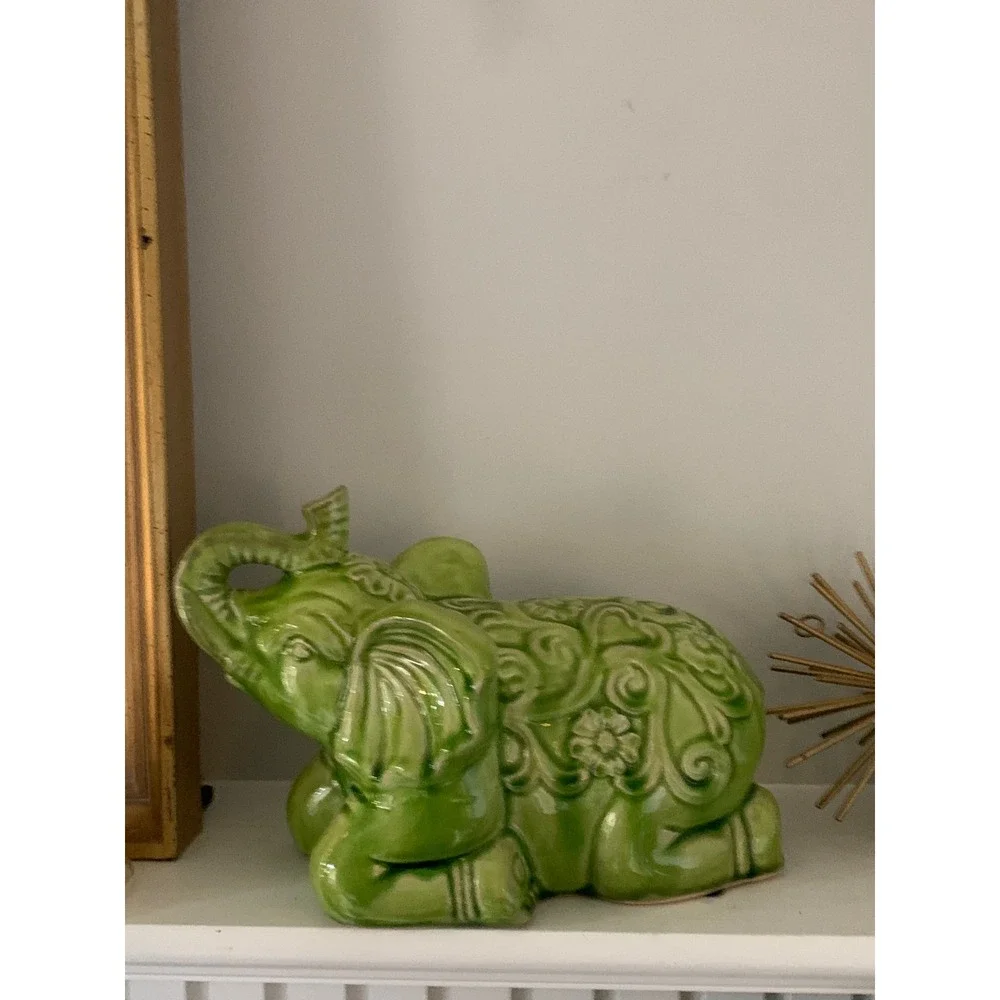 Vintage Green Glazed Baby Elephant Figurine home decor garden floral traditional